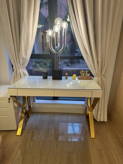 Modern White & Gold Executive Desk w/ Glass Top Cover