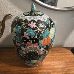 Large Vintage Chinese Famille Noire Ginger Jar with Lid Marked 