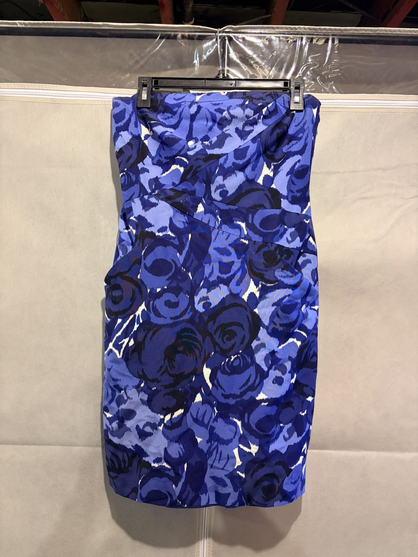 Petite Strapless Blue Floral Dress With Pockets