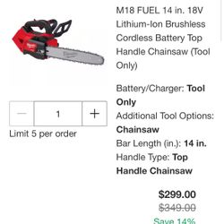 MILWAUKEEM18 FUEL 14 in. 18V Lithium-Ion Brushless Cordless Battery Top Handle Chainsaw (Tool Only)