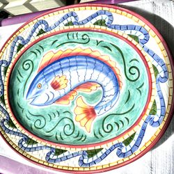 Vintage Hand Painted Stonelite Clay Art Pesce Fish Plate Platter Serving Dish