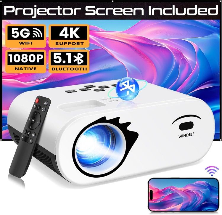 Pro jector with WiFi and Bluetooth, 4K Support Native 1080P WiFi