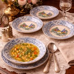 British Anchor Pottery England Antique 1900s 5 “Celebrate” Soup Plates, 8x1.5”