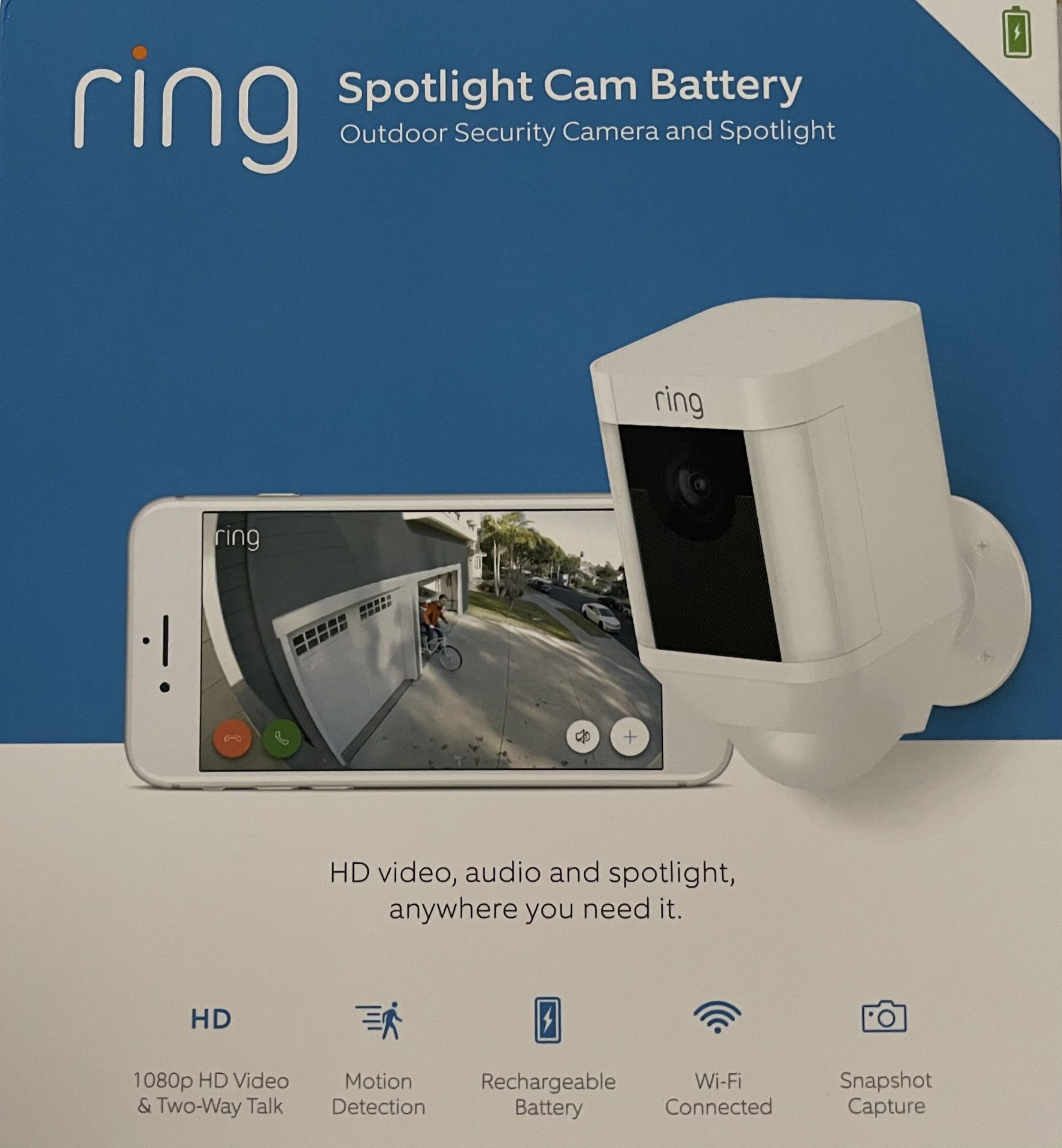Ring Spotlight Cam Battery HD Security Camera With Built In Two-away Tall And A Siren Alarm. Works With Alexa. White Color. 