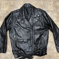 Vintage God Bless America USA Patchwork Black Leather Motorcycle Jacket Size L-EUC