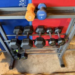 Dumbbells, Curl Bar, And Rack