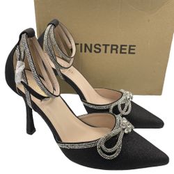 Tinstree sparkly rhinestone bow ankle strap formal black heels women’s Size 10