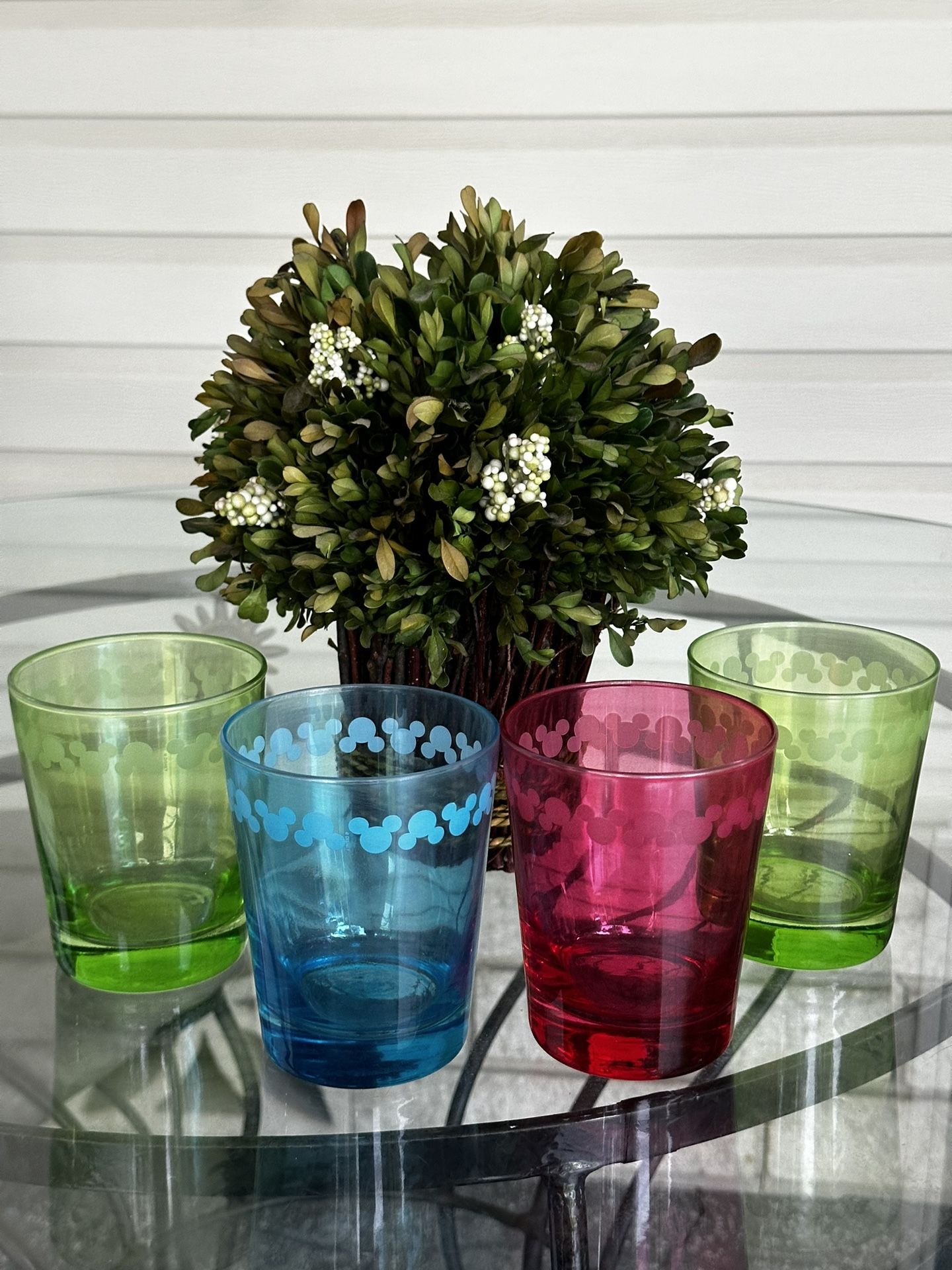 Vintage Etched Disney Mickey Mouse Ear's Colorful Glass Tumbler set of 4 RARE.