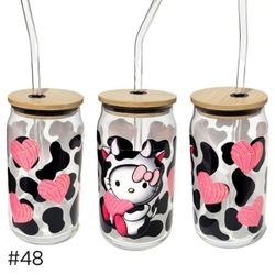 Hello Kitty Cow Glass Tumbler Cup 16 oz UV DTF Pink Black Design Glass Straw