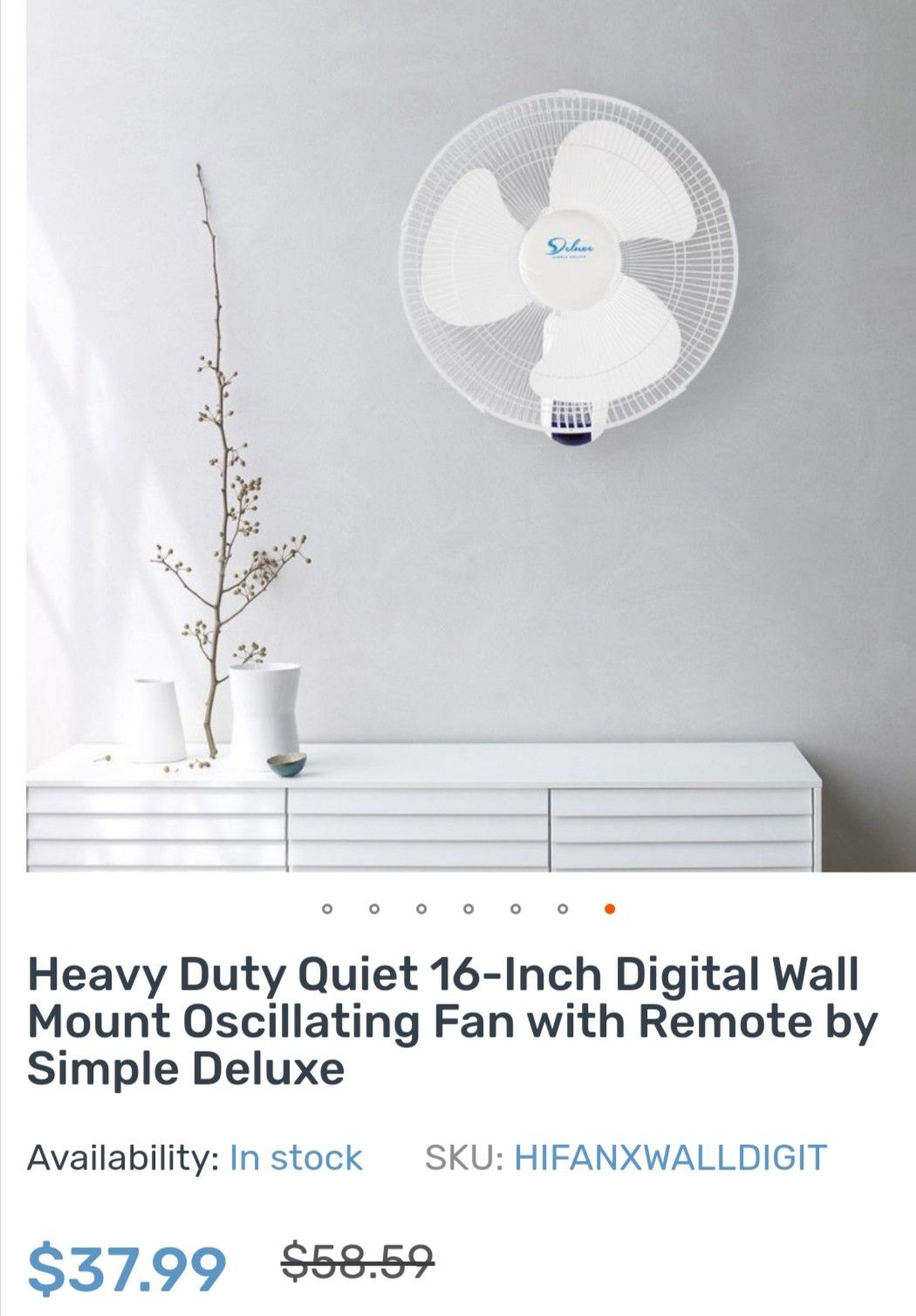Digital mount oscillating wall fan Deluxe 16"