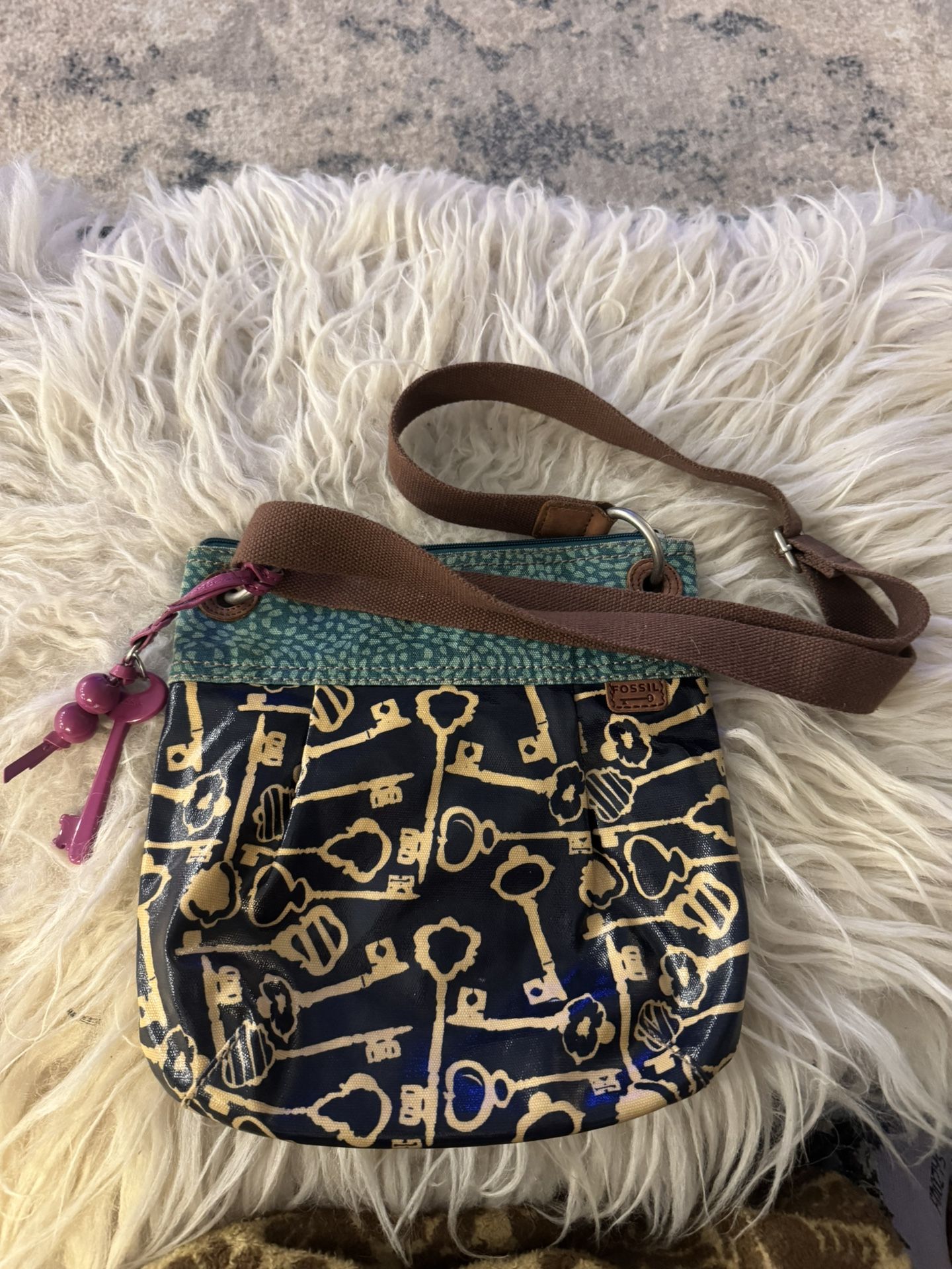 Vintage Fossil KEY-PER Key Print Oilpaper Canvas Crossbody Bag