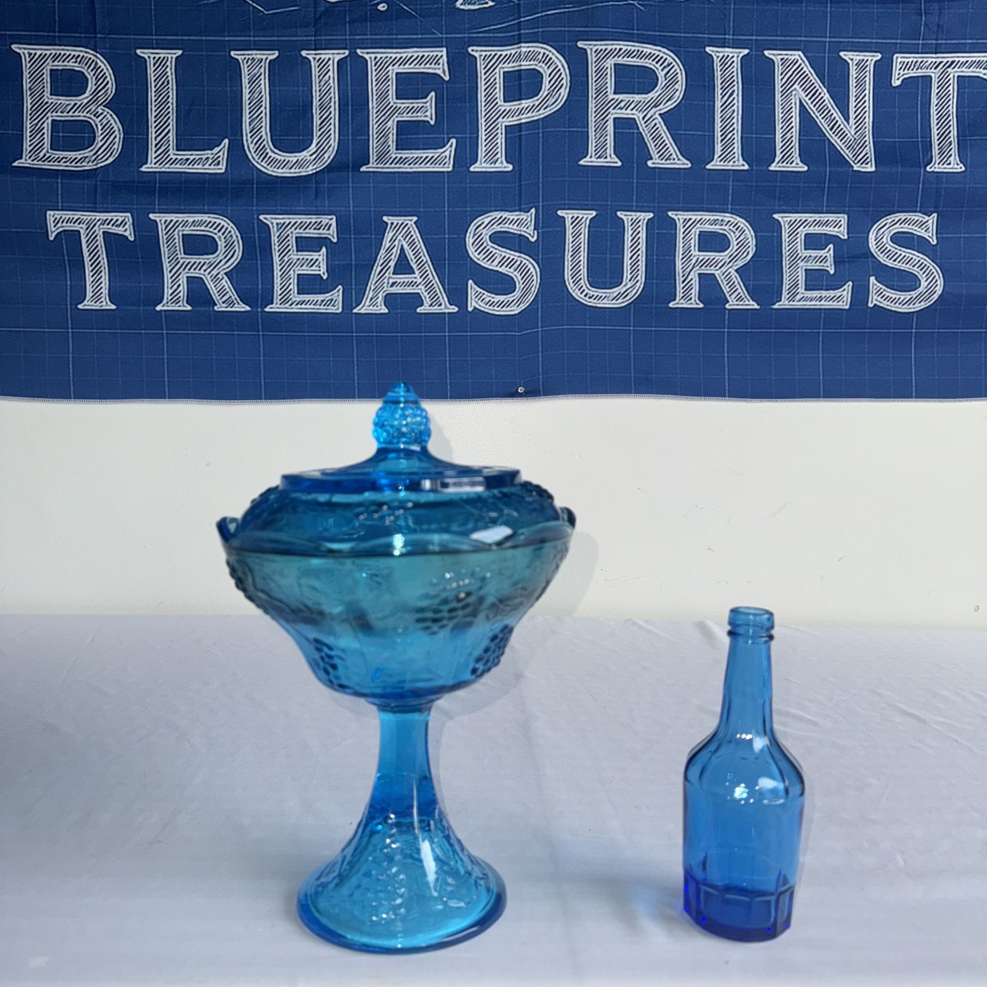 Vintage Blue Glass Lot – Indiana Glass Covered Compote & Wheaton NJ Bottle 💙🍇