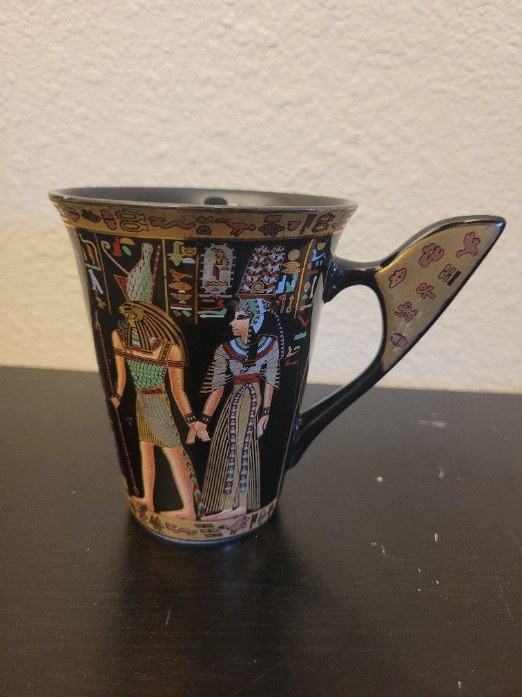 Egyptian Pharaoh Porcelain Mug Black Blue Gold 4.5” high ( Very good Condition )