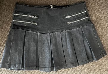 Black Denim Pleated Mini Skirt