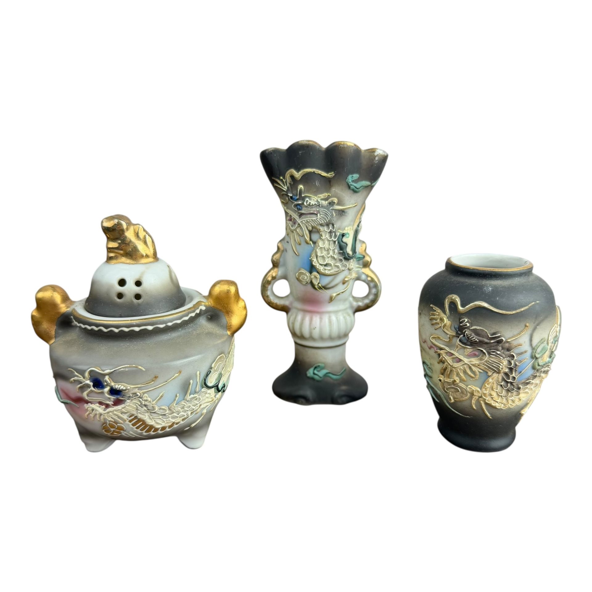 Vintage 1940’s Made in Japan Dragonware 3-Piece Set Moriage Shofu Foo Dog Porcelain Pottery Vase, Incense Burner, Pot Hand Painted