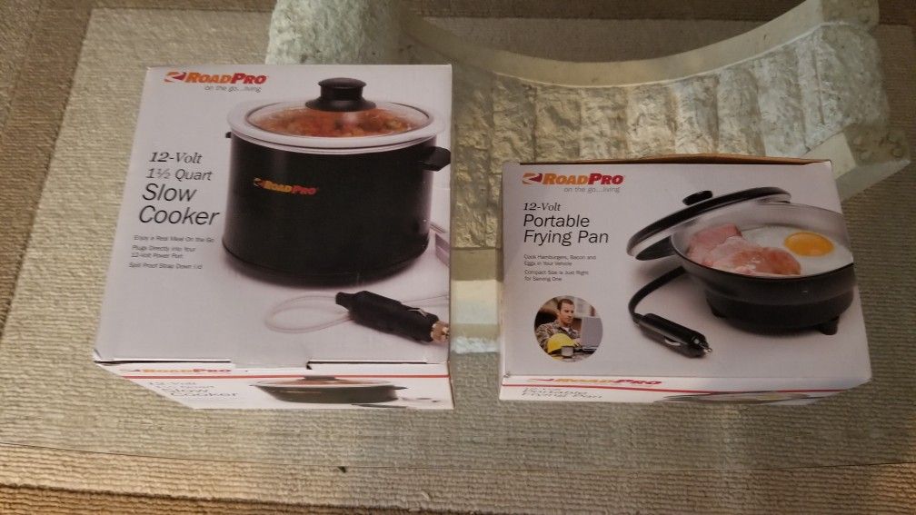 BRAND NEW ROAD PRO 12 VOLT SLOW COOKER AND 12 VOLT FRYING PAN