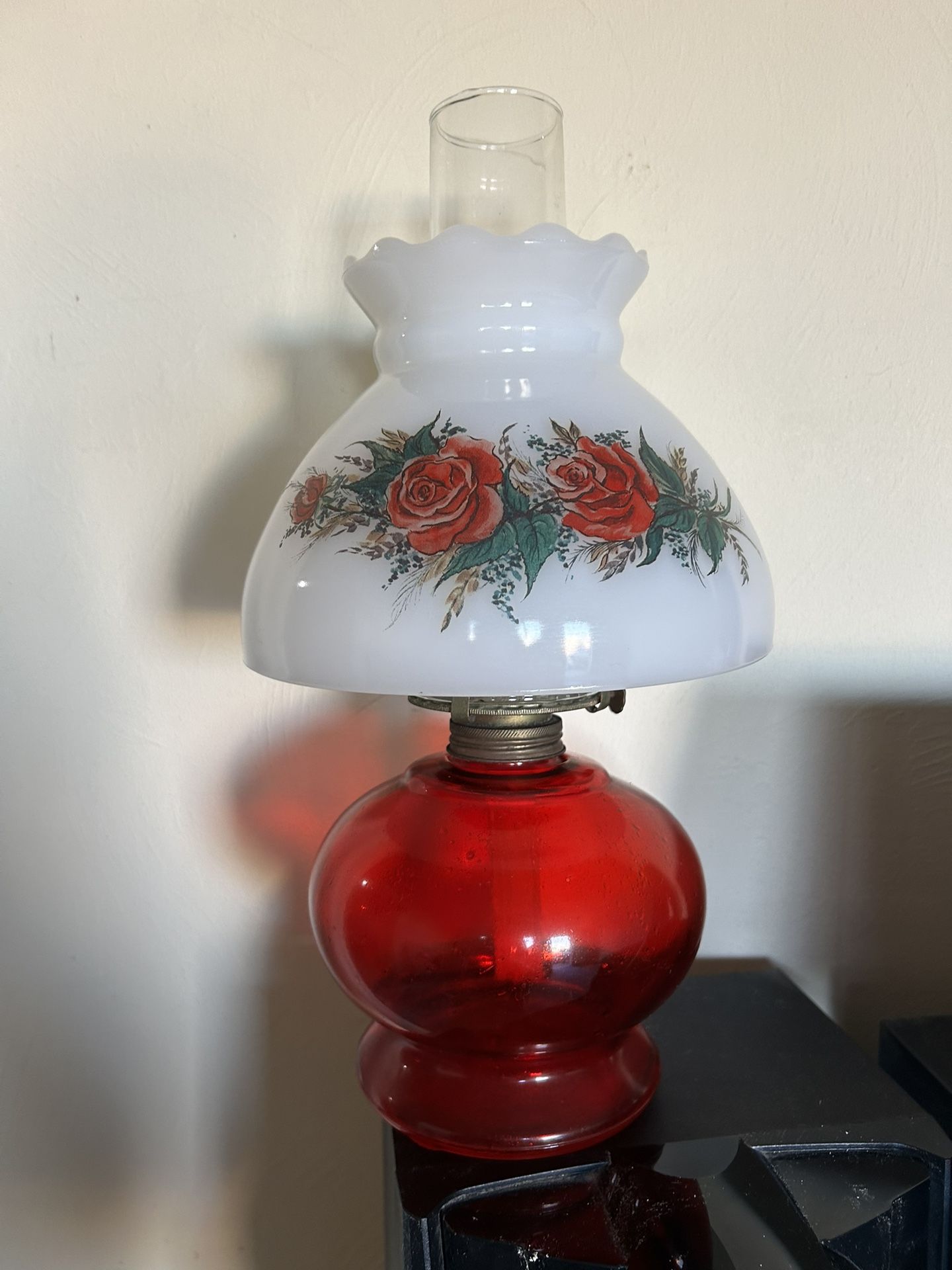Antique Oil Lamp Red Roses
