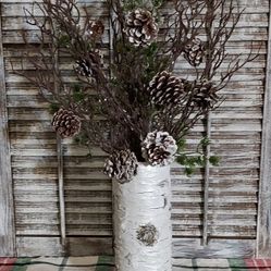 Ht-24in Width-16in HANDMADE Artificial Birchbark Vase-sticks/Pinecones/greenery 