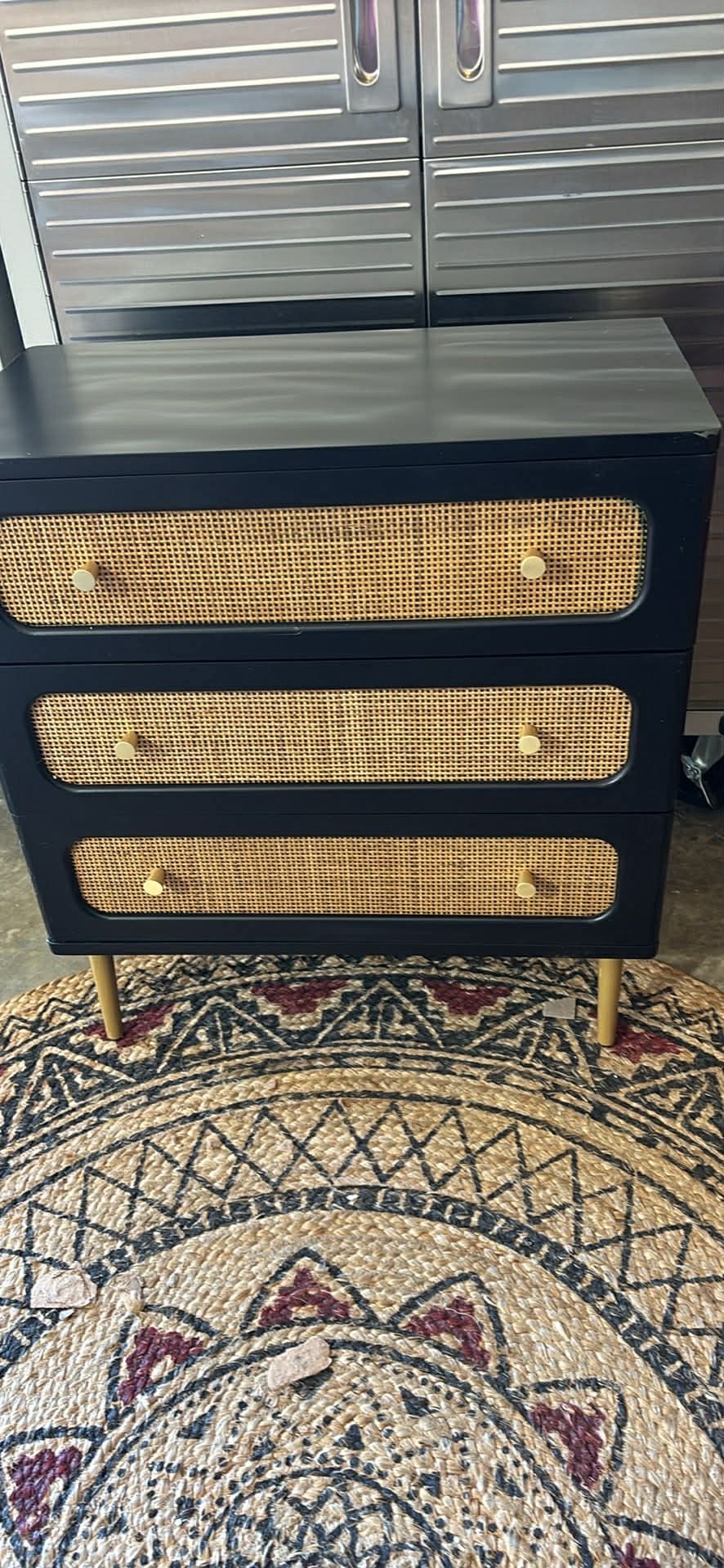 COZAYH Rattan Nightstand w/3 Drawers Black Gold Cosmetic Damage Price Reflective NEW $