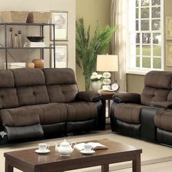 CHAMPION FABRIC BROWN ESPRESSO 2 PIECE LIVING ROOM SET SOFA LOVESEAT RECLINERS - SILLONES RECLINABLES