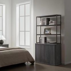 New assembled Book Shelf Fluted Bookshelf 71" Tall Bookcase with Doors Storage 5 Tier Mid Century Modern Bookshelves Large Shelves Metal Book Cases fo