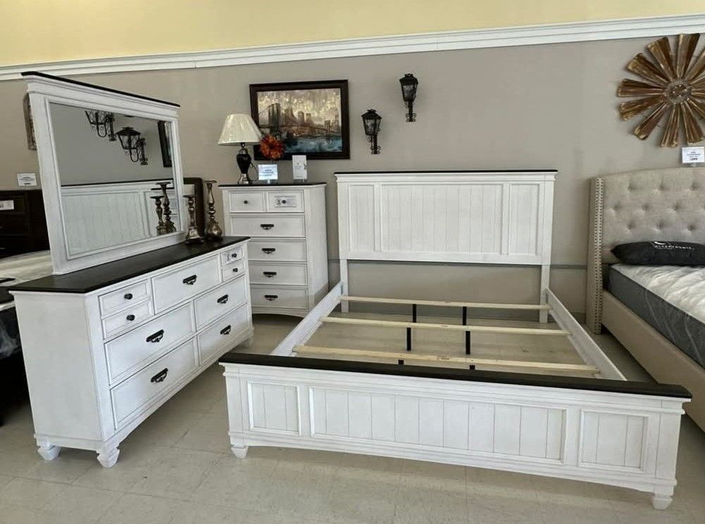 White-Brown Panel Bedroom Set, Dresser, Mirror, NightStand, Bed, Chest// Mattress Sold Separately