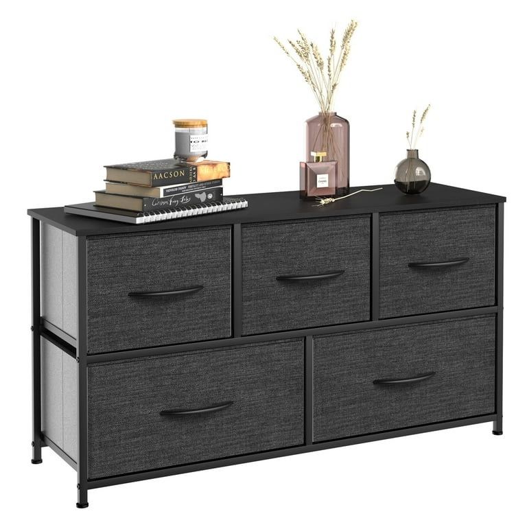 Black Grey 5-Drawer Wide Storage Dresser with Wooden Top for Closets, for Adults & Teens