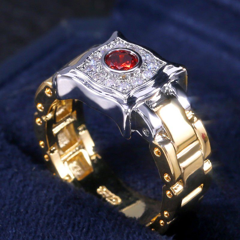 Gold and Silver Royal Red Zircon Watch Dial Fashion Ring for Men, L165
 
  