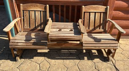 Natural Wood, glider rocker bench with table/cup holders