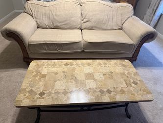 Solid Oak 3 Seater Sofa With Beige Fabric With One Replacement Cover