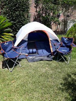 4 person tent two chairs two sleeping bags