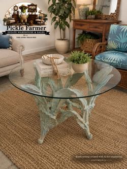 Vintage Tropical Leaf Metal Dining Table | 48" Glass Top Hollywood Regency
