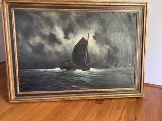 Toon Koster Oil Painting 41”x29”,Dutch Artist Seascape Dark Ominous Sailing Boats Scenes,nautical Decor Large Original Painting Some Damage On White
