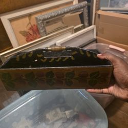 Vintage Primitive Wooden Tool Box Caddy with Hand Painted And Stones