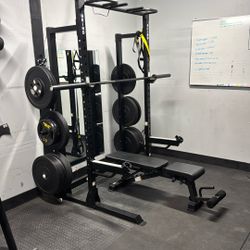 Squat Rack With EZ Bar, Barbell, Bench, & Plates