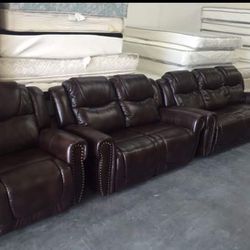 Espresso Brown Leather Recliner Set Include Sofa, Loveseat And Rocking Chair New In Boxes  