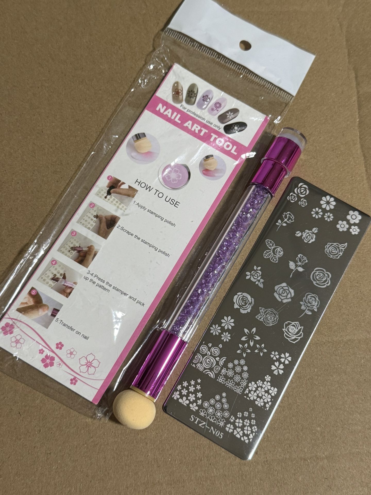 2pcs Nail Stamping Plate & Sponge Pen Set, Silicone Brush Polish Transfer Stencil, Flower Geometry DIY Template For Nail Tool