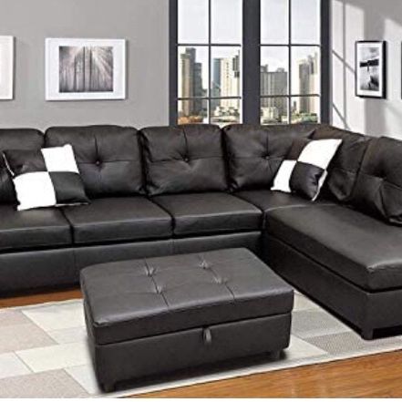 3-pc Sectional Sofa Black Faux Leather Brand New