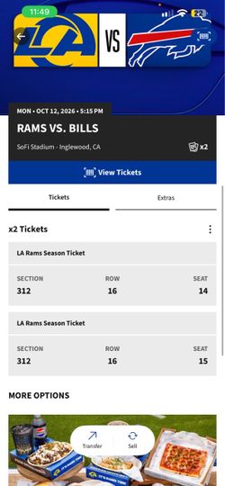 2x LA Rams vs Bills NFL Tickets Oct 12 2026