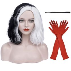 Halloween Black White Cruella Deville Wig