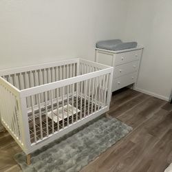 Baby Crib, dresser, High chair, Travel Stroller 