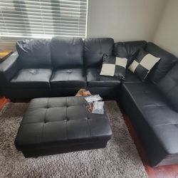 3 Piece Faux Leather Sectional Sofa Set With Ottoman And 2 Pillows 