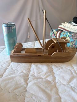 Handmade Wooden Fishing Boat Model Nautical Coastal Decor