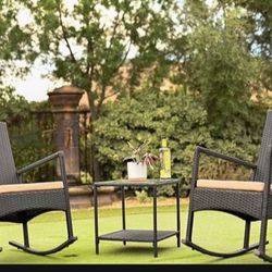 3pcs Outdoor High-Backrest Rocking Chair w/Cushion Seat Wicker Seating Group w/Glass Coffee Table Set (Black/Beige)