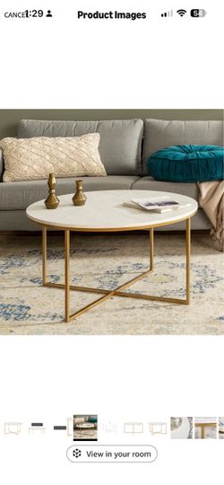 Round Faux White Marble Top Coffee Table Gold Base