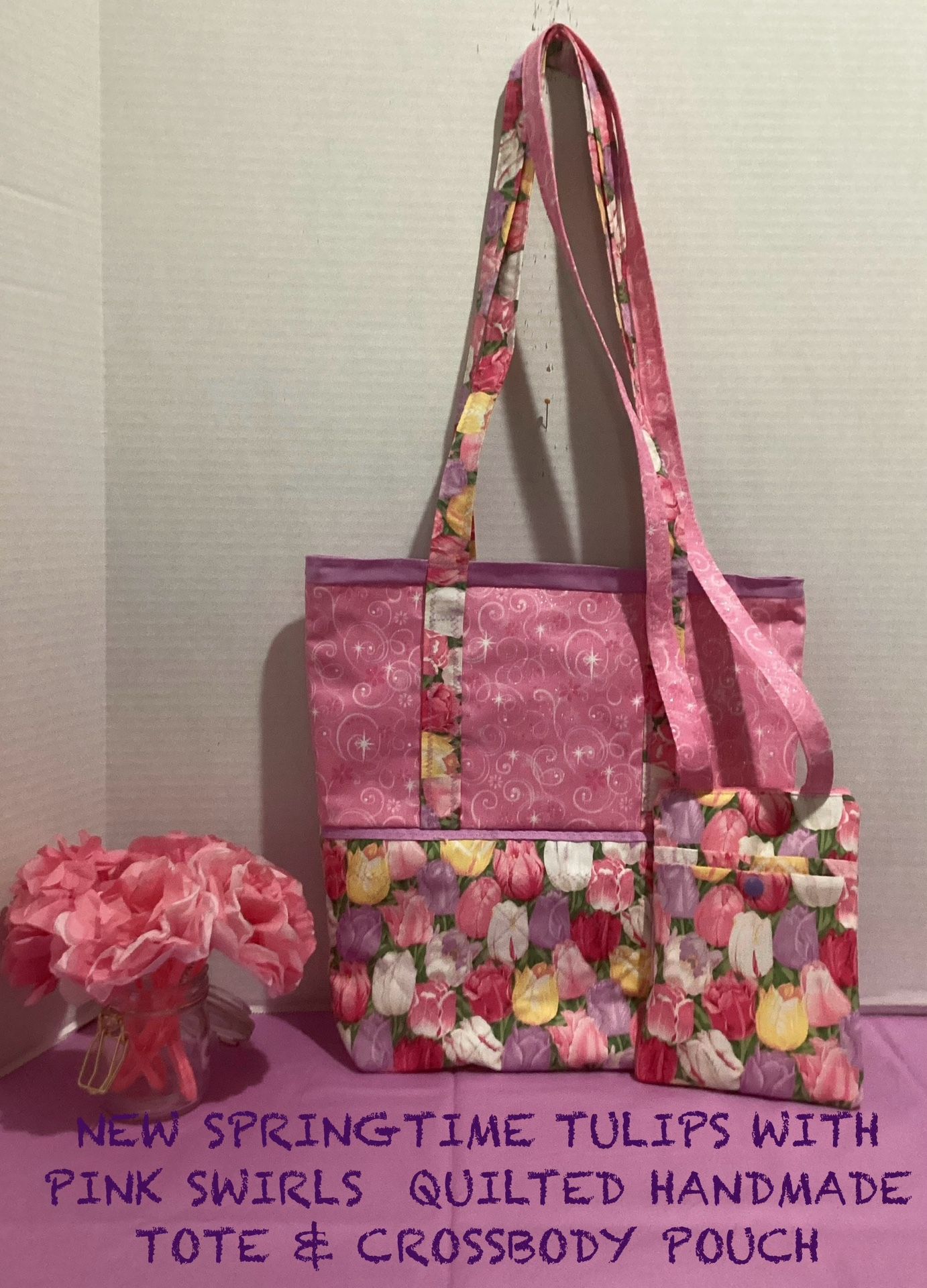NEW SPRINGTIME COLORFUL TULIPS QUILTED HANDMADE TOTE & CROSSBODY POUCH