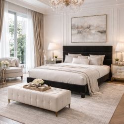  King Bed Platform Bed Frame with Velvet Upholstered Headboard and Wooden Slats Support, Fully Upholstered Mattress Foundation/No Box Spring Needed/E