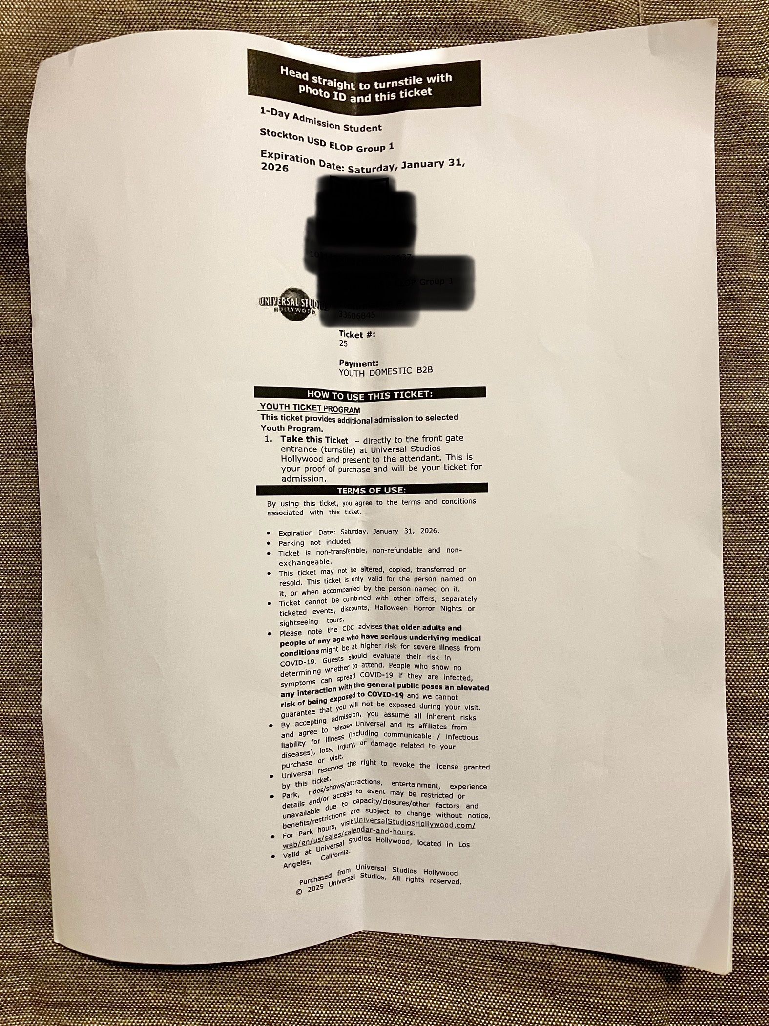 Universal Studios Student Ticket