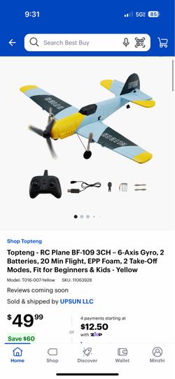 Topteng BF-109 RC Plane with 6-Axis Gyro – 2 Batteries