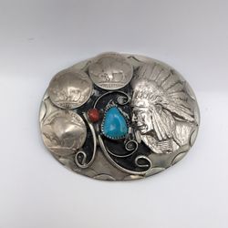 Vintage Squaw Wrap Belt Buckle 3 Buffalo Nickels, Turquoise & Coral Navajo Style